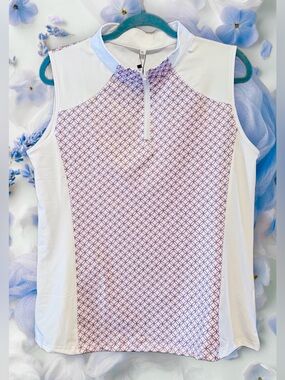 FKEEP NWT Sleeveless Quarter Zip Athletic Top Pink & Blue Pattern on White sz XL